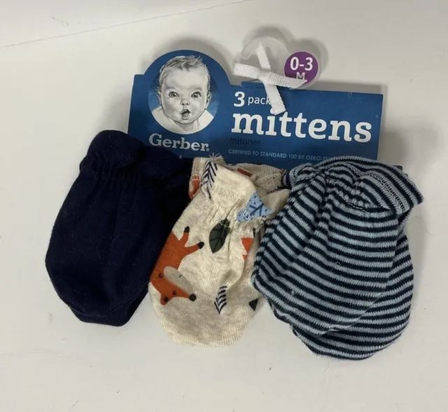 Gerber Baby Boys Organic Cotton 3 Pack Mittens 0-3 month Striped Blue Fall  New