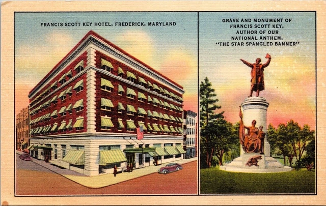 Historic Francis Scott Key Hotel & Monument Frederick Maryland Linen Postcard
