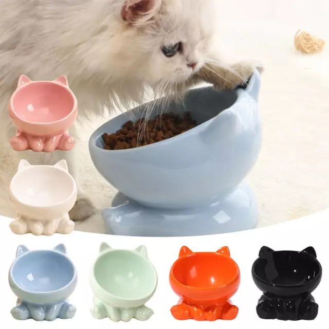 Pet Ceramic Cat / Dog Bowl Cat Food/water Bowl Neck Oblique Protection E9N4