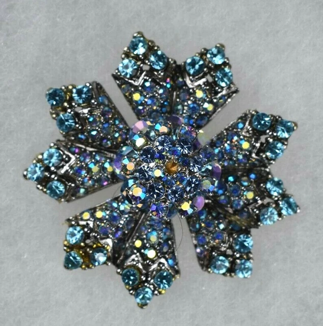 Vintage Kirks Folly Blue Flower Rhinestone Brooch BEAUTIFUL BLING