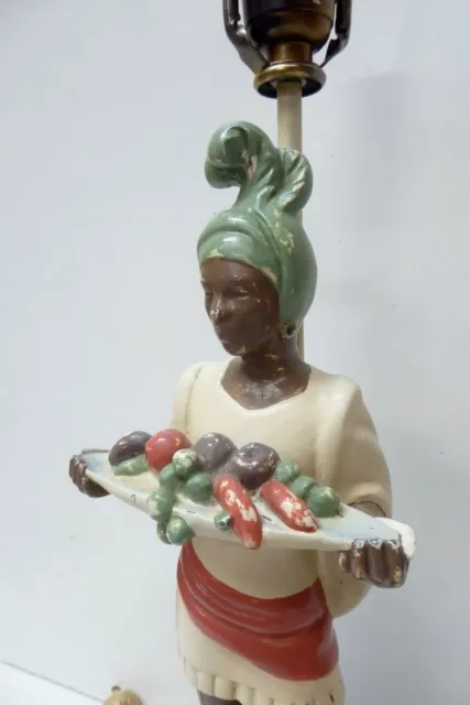 Antique Plaster Statue Lamp Base Blackamoor Man With Fruit Bowl Kupur Figurine 2