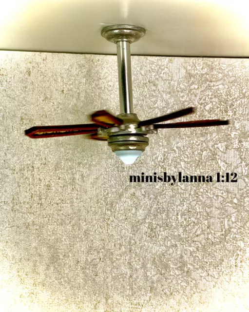 1:12 Dollhouse miniature ceiling working fan with wooden blades and LED light