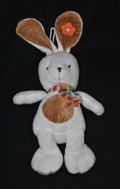 Peluche doudou lapin blanc FOREST DISTRIBUTION écharpe rayé fleur 27/38 cm TTBE