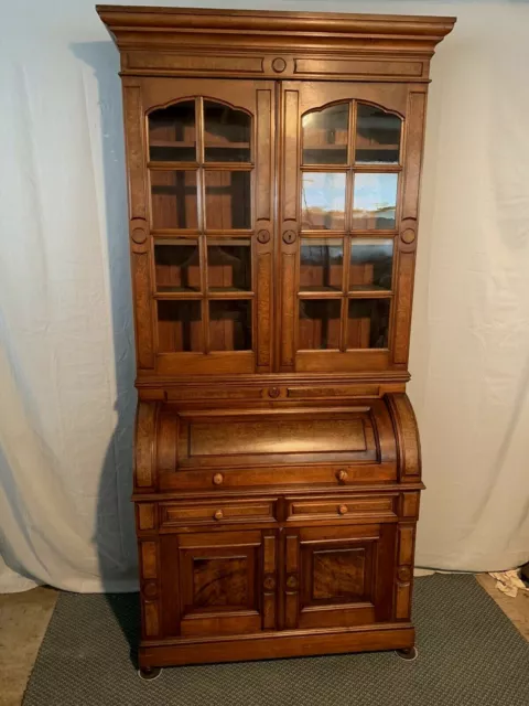 Antique Victorian Burled Walnut Cylinder Desk Bookcase / Secretary