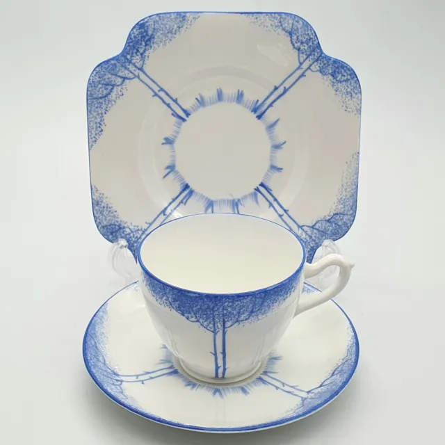 Art Deco Cup And Saucer Trio Blue Tree Pattern Made In England Bone China VGC