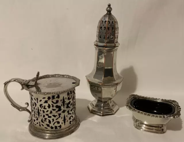 3 x Vintage Silver Plated Items Sifter & Condiment Pots - Blue Glass Liners