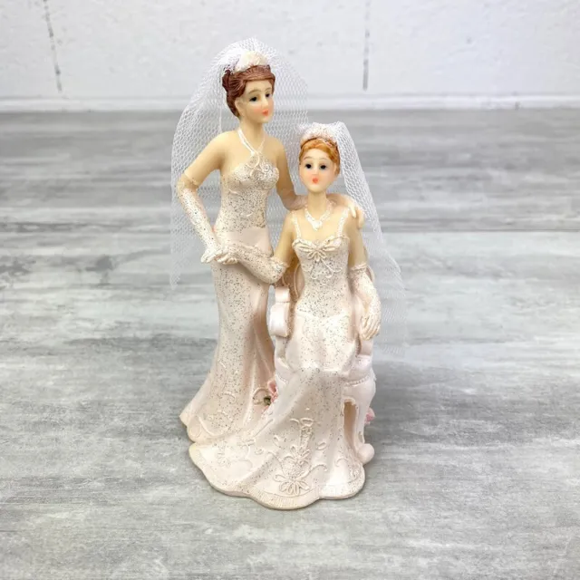 Figurine Couple de Mariées Femmes en robe crème, en Résine, 14 x 7 cm, mariage g