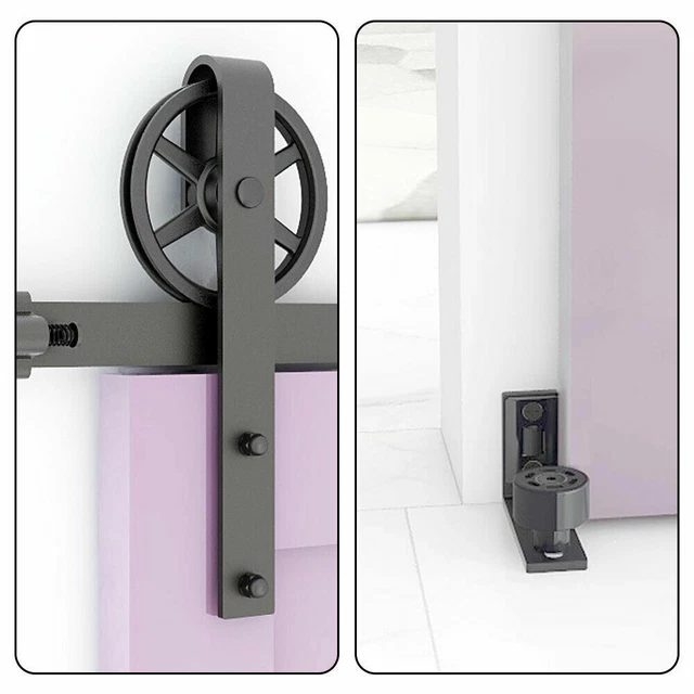 5-12FT Single Wood Sliding Barn Door Hardware Black Big Spoke Wheel Roller Kit