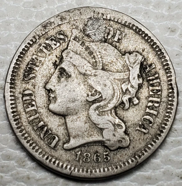 1865 NICKEL THREE CENTS-KM-95-3C-VERY FINE, Details-FREE USA SHIP-3 CENTS-3c