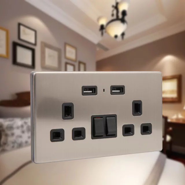 Stainless Steel Double Wall Plug Socket USB Flat Plate UK Plug New SD