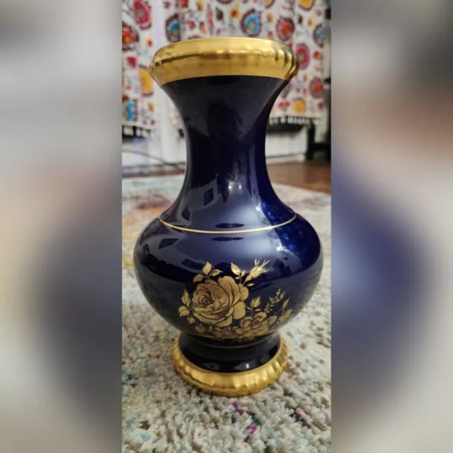 Vintage Porcelain Cobalt Vase Bareuther Waldsassen Bavaria Germany 22K Gold Trim