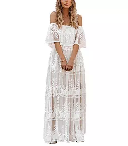 MERMAID'S CLOSET Womens Casual Off Shoulder Lace Maxi Dress White Lace Sleeve