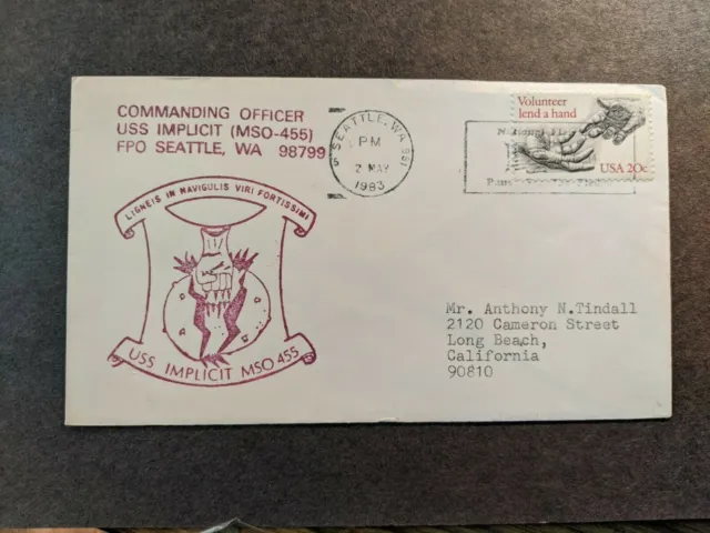 USS IMPLICIT MSO-455 Naval Cover 1983 MINESWEEPER Cachet