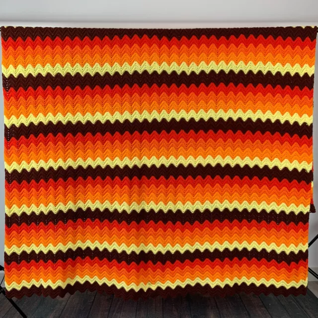 Vintage Chevron Orange Brown Crochet Knit Blanket Afghan 80 x 106 King