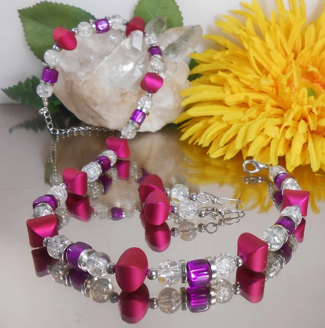 2er SET Collier / Würfelkette /  CRACKLE GLAS Perlen klar + Würfel MAGENTA