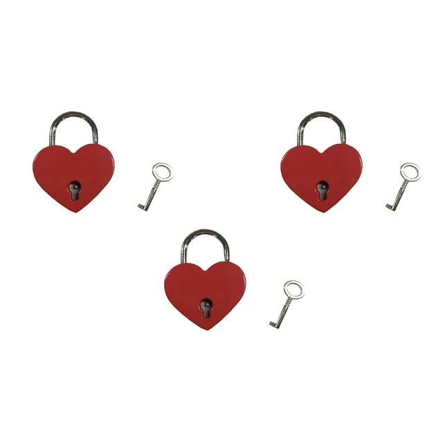 Vintage Mini Padlock Heart Shaped Key Lock Red (Lot of 3)