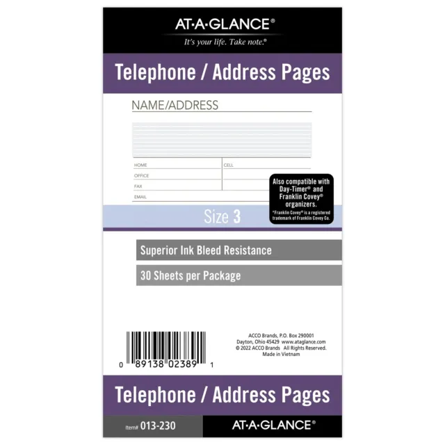 AT-A-GLANCE Undated Telephone Address Pages, Loose-Leaf, 6 Ring, Portable Size,