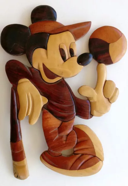 Original Wooden Mickey Mouse Playing Baseball . Wood