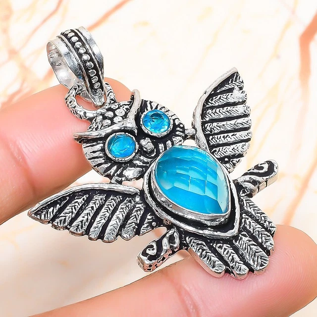 Swiss Blue Topaz Gemstone Handmade Gift Jewelry Pendant 2.17" c078