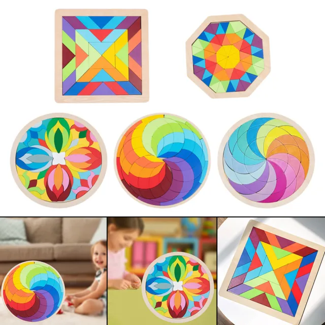 Wooden Tangram Pattern Blocks Set Rainbow Geometric Shape Puzzles Jigsaw
