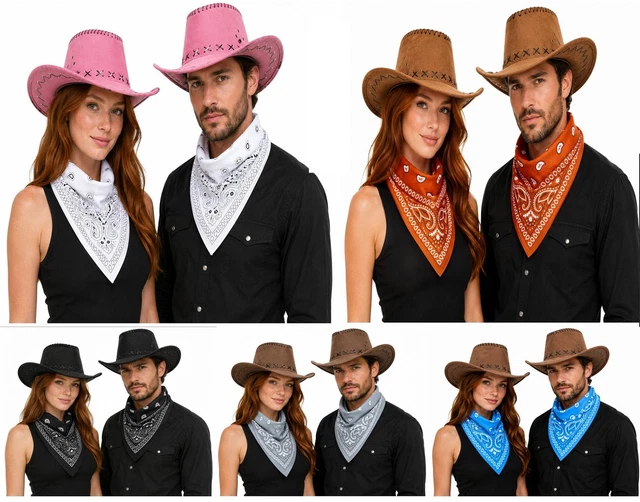 ADULTS SUEDETTE COWBOY Hat & Wild Rag Neckerchief Wild West Western ...
