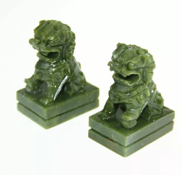 A Pair Natural China Green Jade Carved Fengshui Foo Fu Dog Guard Door Lion