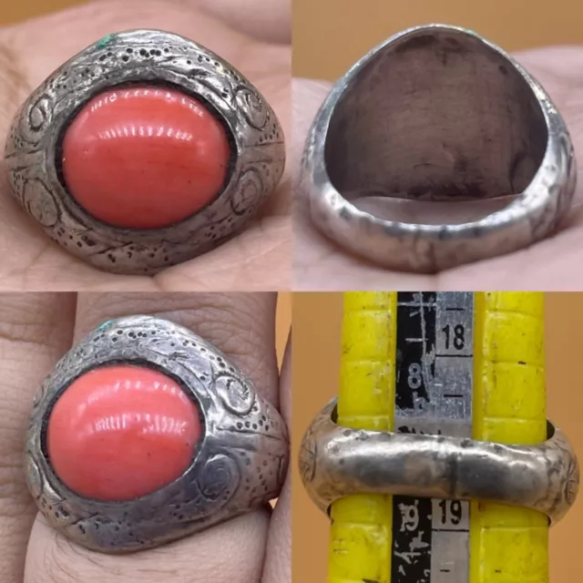 Solid Silver Unique Antique near Eastern old Coral Stone beautiful Ring