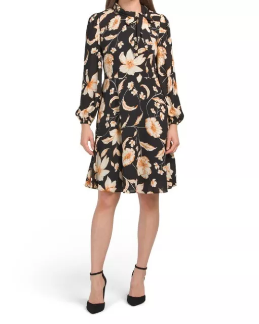 Maggy London womens Floral Dress 6 Black Tie Neck Long Sleeve Knee Length Flared