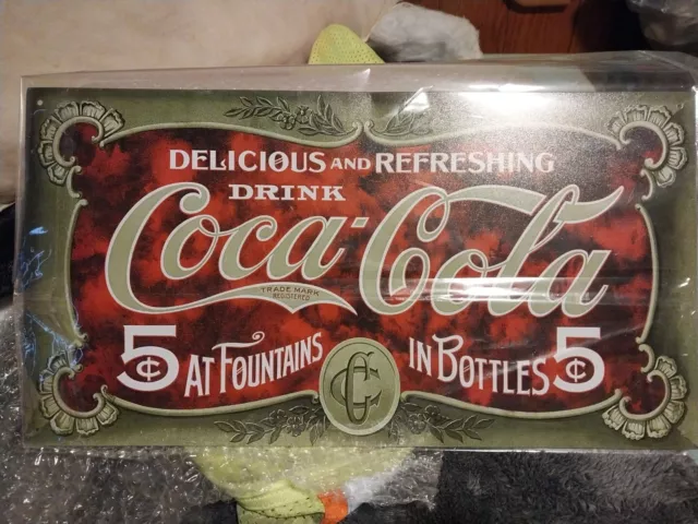 Delicious and Refreshing Drink Coca Cola At Fountains In Bottles 5 Cent Tin Sign