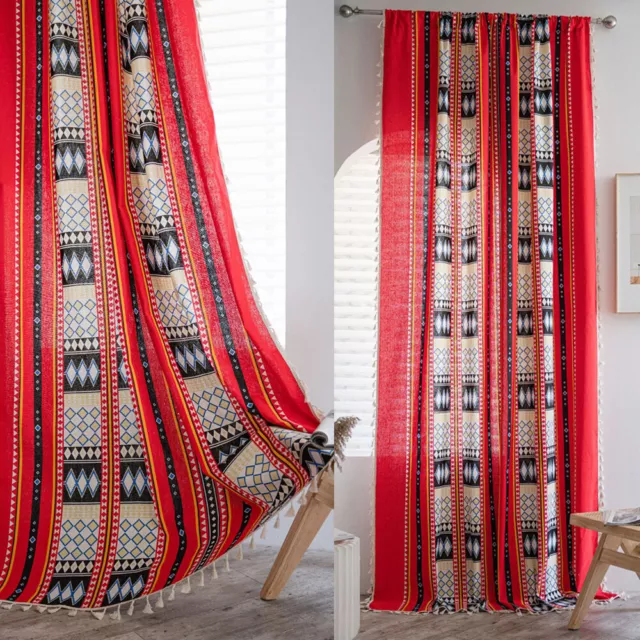 Bohemian Print Curtain Living Room Tassel Vintage Curtain Kitchen Window Drape