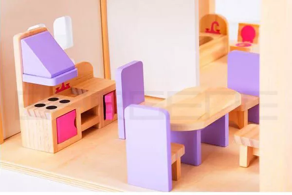 Wooden DIY Dolls Doll House 3 Level Kids Pretend Play Toys Full Furniture Set Pi 3