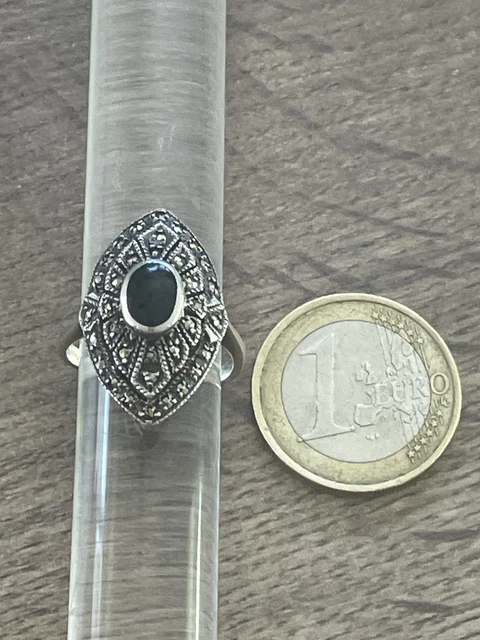 Bague Ancienne En Argent Massif 925 – Taille 54 – Marcassite Et Onyx – 3g