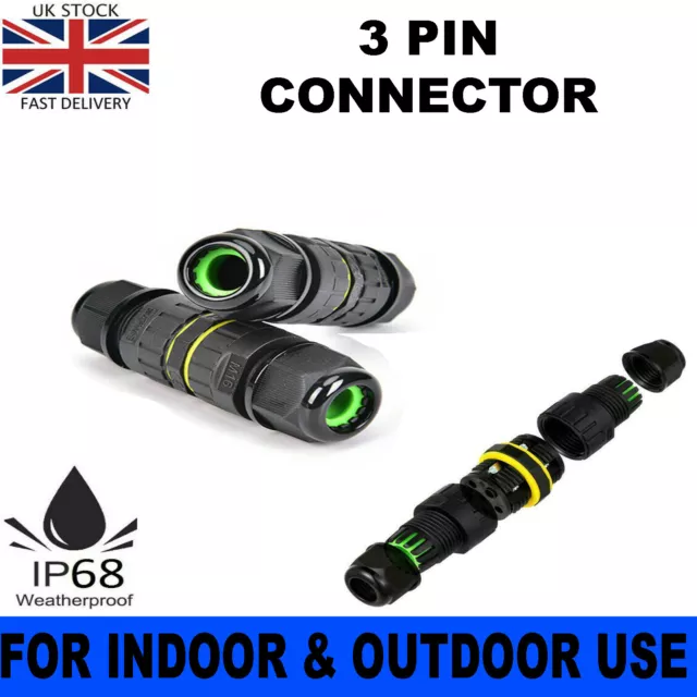 Ip68 3Pin Waterproof Junction Box Connector Electric Cable Slim Plug Inline Wire