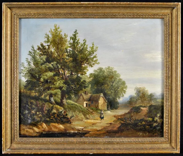 19th CENTURY ENGLISH OIL ON CANVAS FIGURE IN A LANDSCAPE ANTIQUE PAINTING