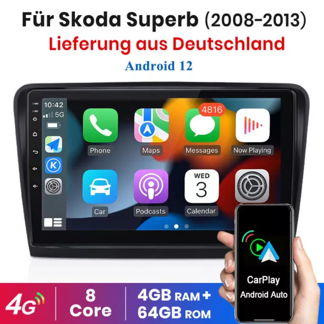 Autoradio 4+64 Go Carplay Android 12 pour superbe 2008-2013 GPS Navi 4G WIFI DAB