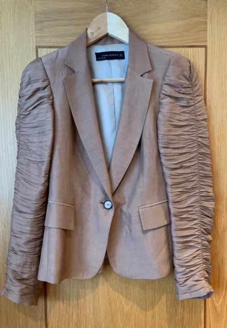 ZARA RUCHED SLEEVE Blazer Jacket Size S UK 10 Shimmer Ramie Party