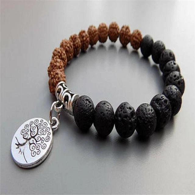 8mm Rudraksha Volcanics Mala Bracelet Lotus Buddha Pendant Energy Gemstone Reiki