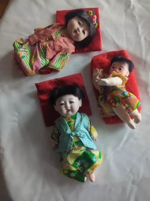 Set Of 3 Vintage Japanese Ichimatsu Gofun Dolls. 8" Crawling Baby, 12" Boy  Girl 2
