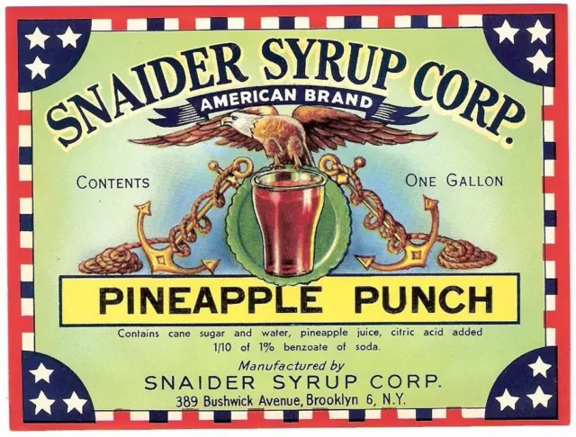 Vintage Snaider's Pineapple Punch Soda Label Snaider Syrup Corp. Brooklyn, N. Y.