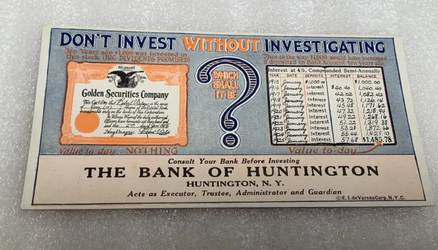 Vintage Ink Blotter Advertising 1920’s The Bank of Huntington New York