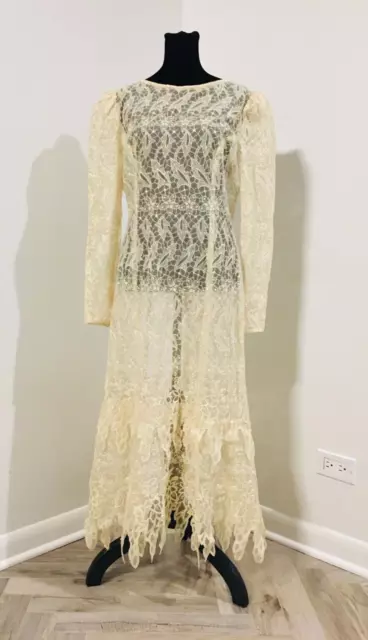 UNBRANDED Vintage Gold Long Sleeve V-Back Sheer Lace Dress 6 Small to Medium