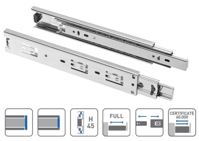 Pair Heavy Duty Fully Extension Ball Bearing Drawer Runners Load Capacity 35 kg