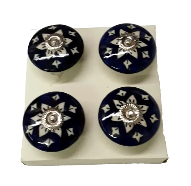 Ceramic Knobs Blue Round Cabinet Dresser Drawer Pulls Set Of 4 Hand Painted 2" D