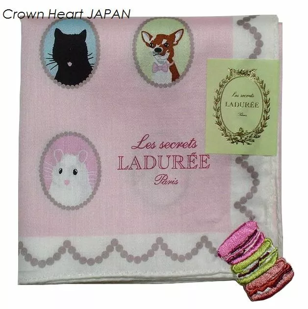 LADUREE Paris Handkerchief / Mini Scarf Ami L.Pink Dog Cat Macarons JAPAN Rare!