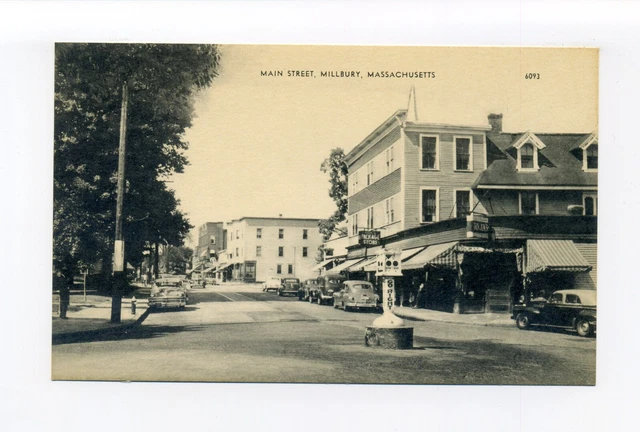 Millbury MA postcard, Main Street View, cars, cool traffic signal, stores, signs