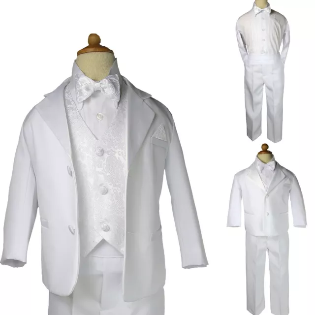 New White Baby 5pc Set Formal Christening Wedding Party Boy Suit Tuxedo sz S-4T