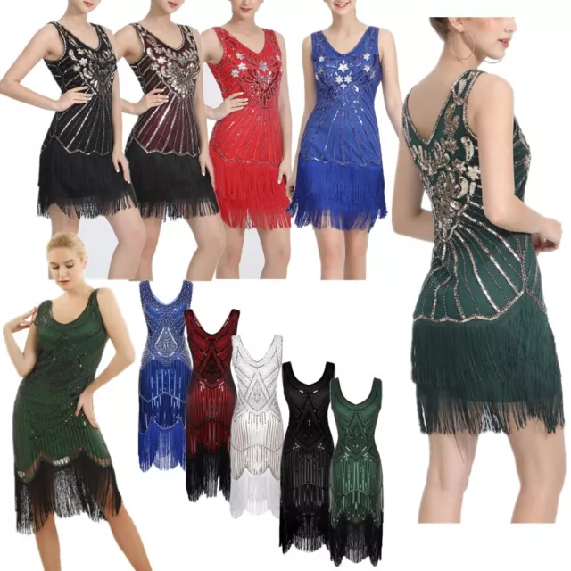 Womens Shiny Sequins Beaded Fringed Tassels Dress Hem Flapper Cocktail Dress