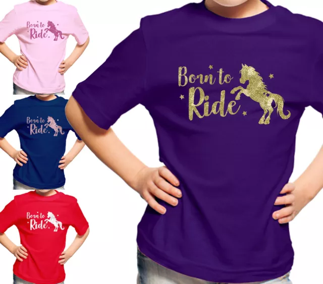 Childrens Born to Ride Glitter Horse Riding T-Shirt Equestrian Kids Tshirt Top