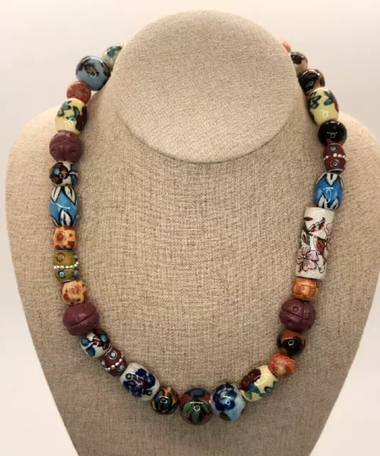 Ceramic / Clay Beaded Floral Necklace Adjustable Multicolor 18” chunky beads