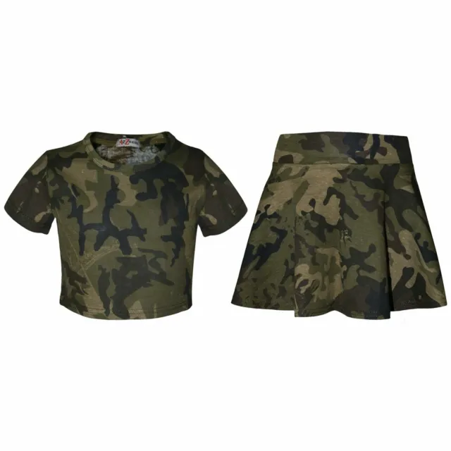 Kids Girls Top & Skater Skirt Camouflage Green Fashion Summer Outfit Sets 5-13 Y